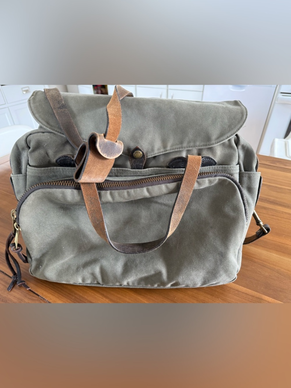 Classic Men's Canvas Tote Bag with Leather Straps - Olive